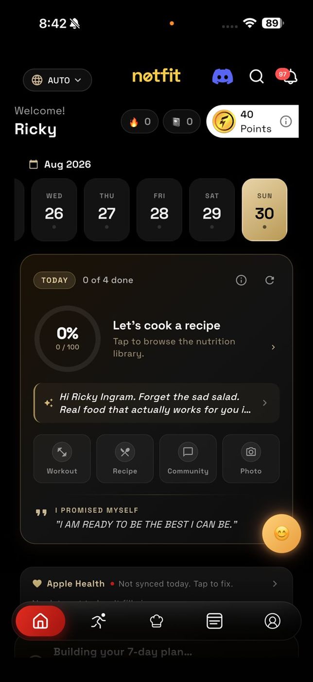 The NOTFIT app home screen