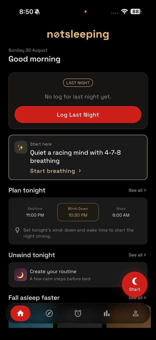 The NotSleeping bedtime screen